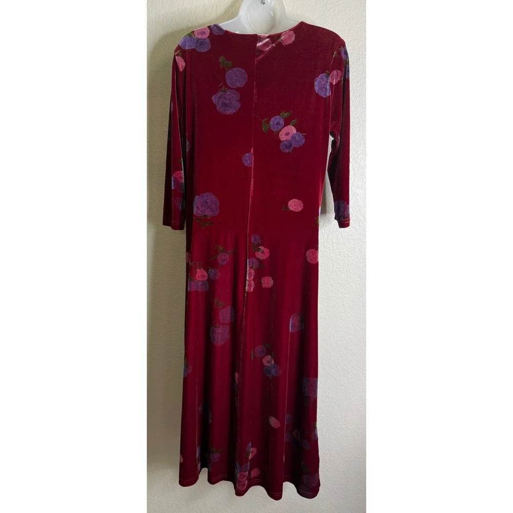 Los Angeles Gal Womens M Maxi Dress‎ Burgundy Velvet Floral 3/4 Sleeve Vintage
